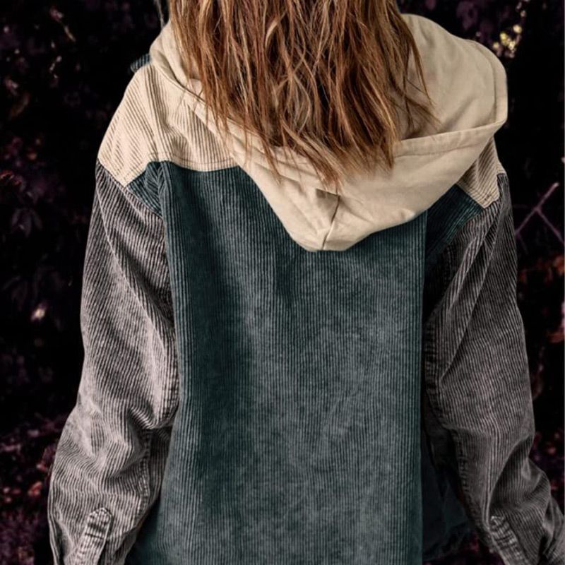 Dames Casual Corduroy Jas met Capuchon en Kleurvlakken