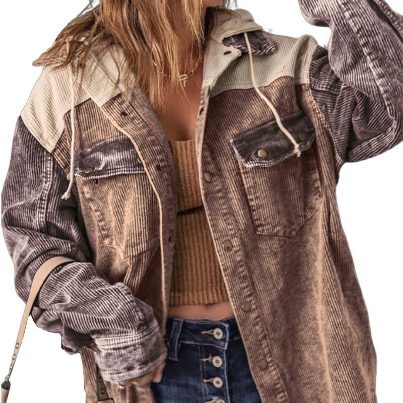 Dames Casual Corduroy Jas met Capuchon en Kleurvlakken