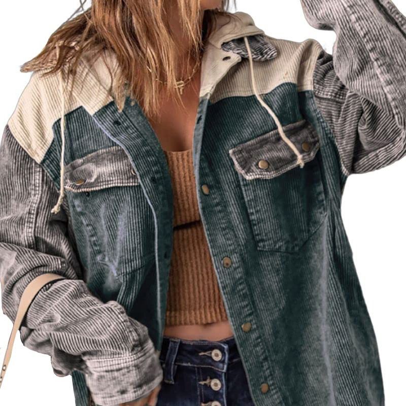 Dames Casual Corduroy Jas met Capuchon en Kleurvlakken