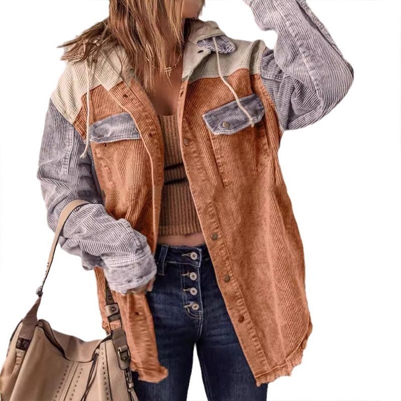 Dames Casual Corduroy Jas met Capuchon en Kleurvlakken