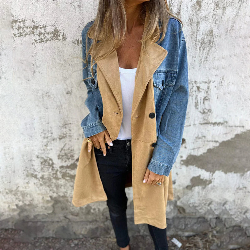 Trenchcoat van middellange lengte met stiksels in Denim Jean