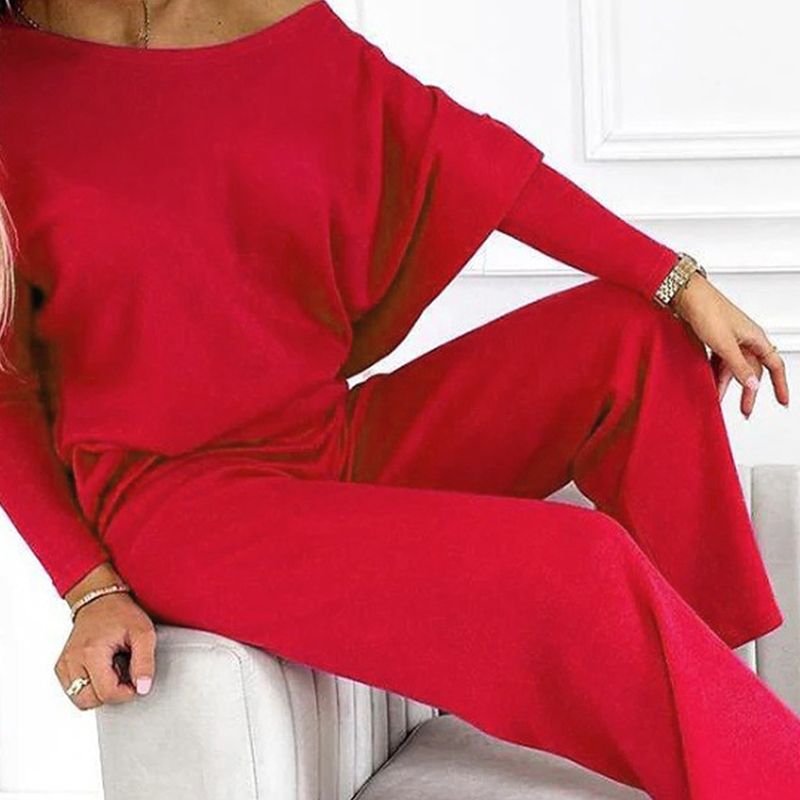Damesset met effen kleur Drop Shoulder Pullover en losse broek