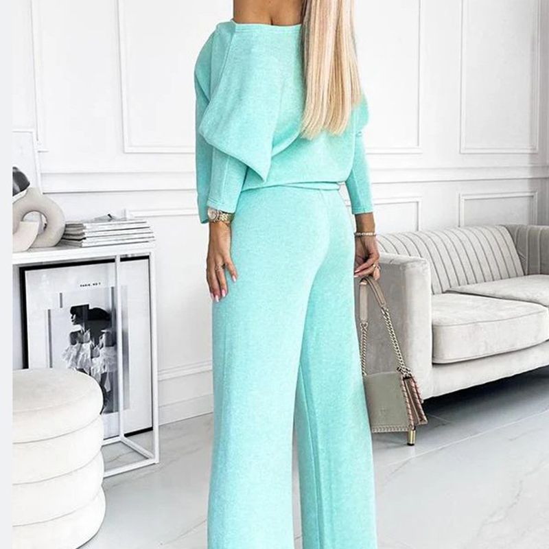 Damesset met effen kleur Drop Shoulder Pullover en losse broek