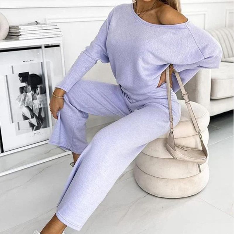Damesset met effen kleur Drop Shoulder Pullover en losse broek