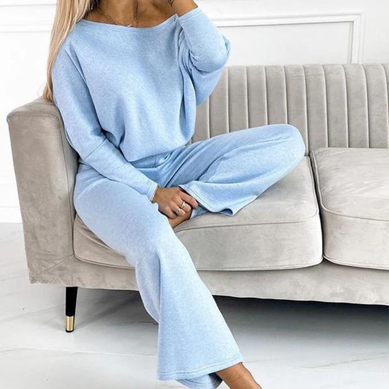 Damesset met effen kleur Drop Shoulder Pullover en losse broek