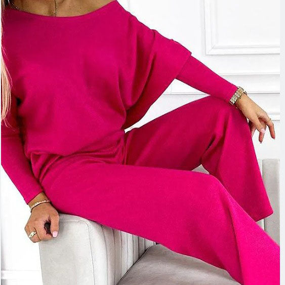 Damesset met effen kleur Drop Shoulder Pullover en losse broek