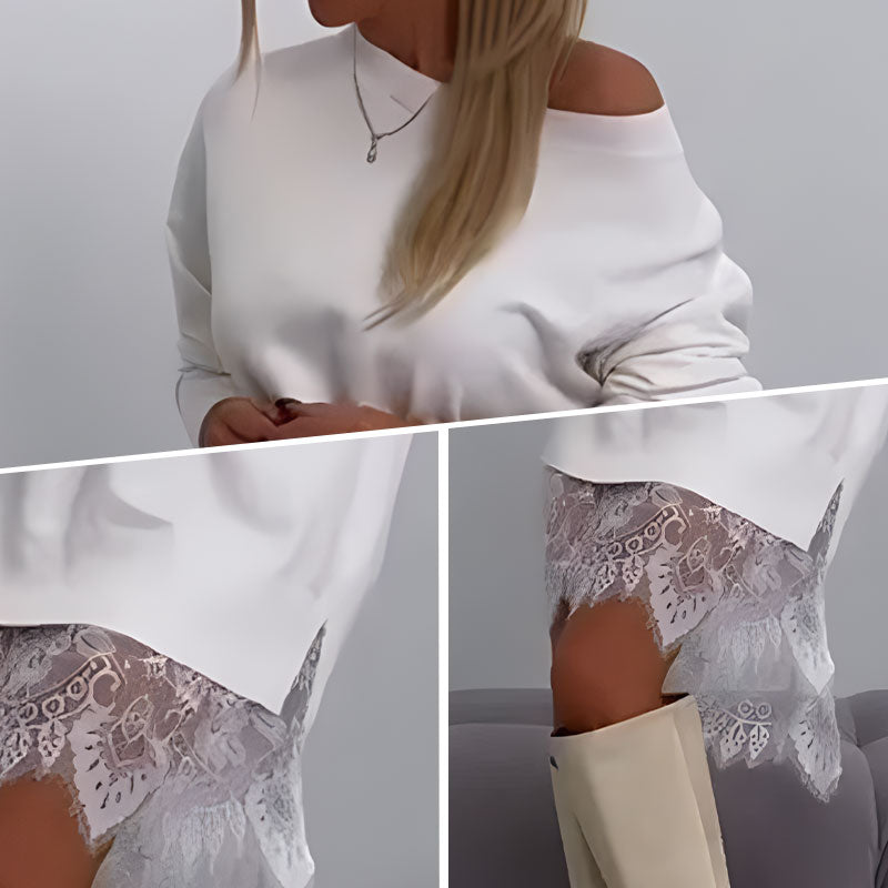 Sweatshirt met Kanten Afwerking en Gesplitste Losse Pasvorm in Middenlengte