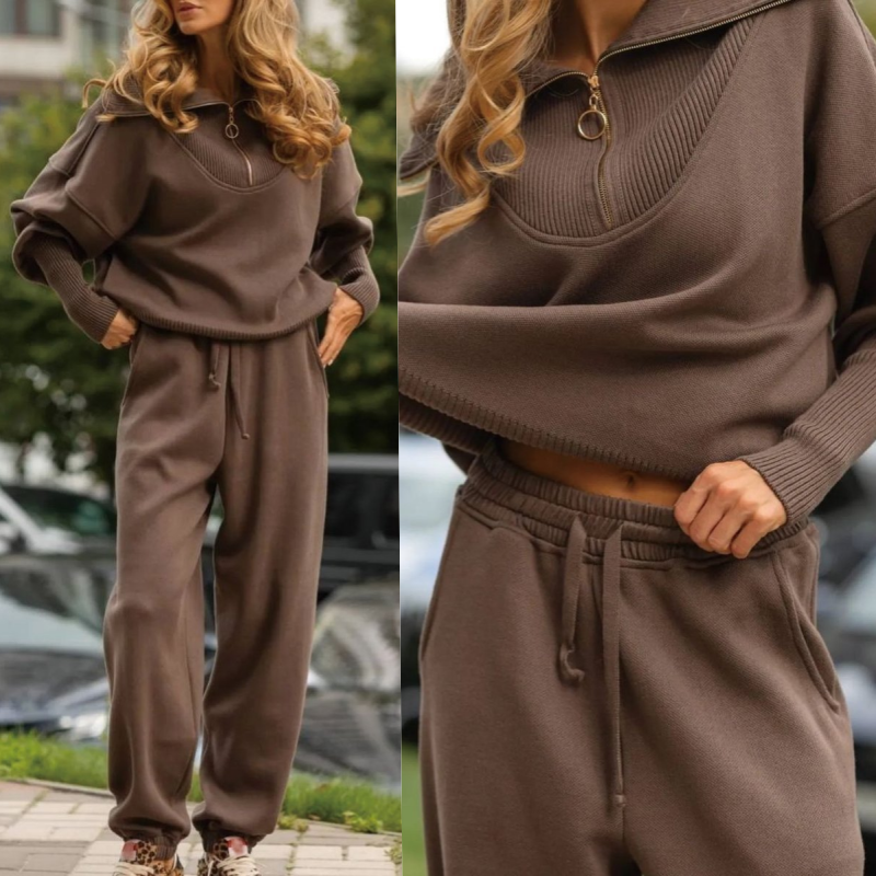 💥Sportieve 2-delige set voor dames🍂 – top met halve rits en bijpassende joggingbroek
