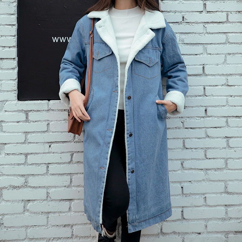 Denim damesjas met lange kap en katoenen voering
