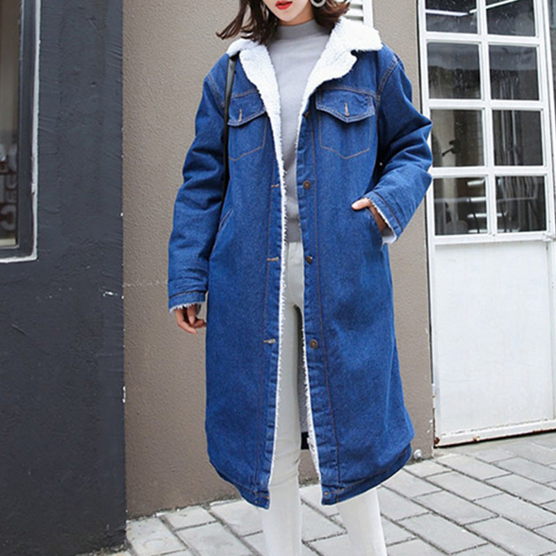Denim damesjas met lange kap en katoenen voering