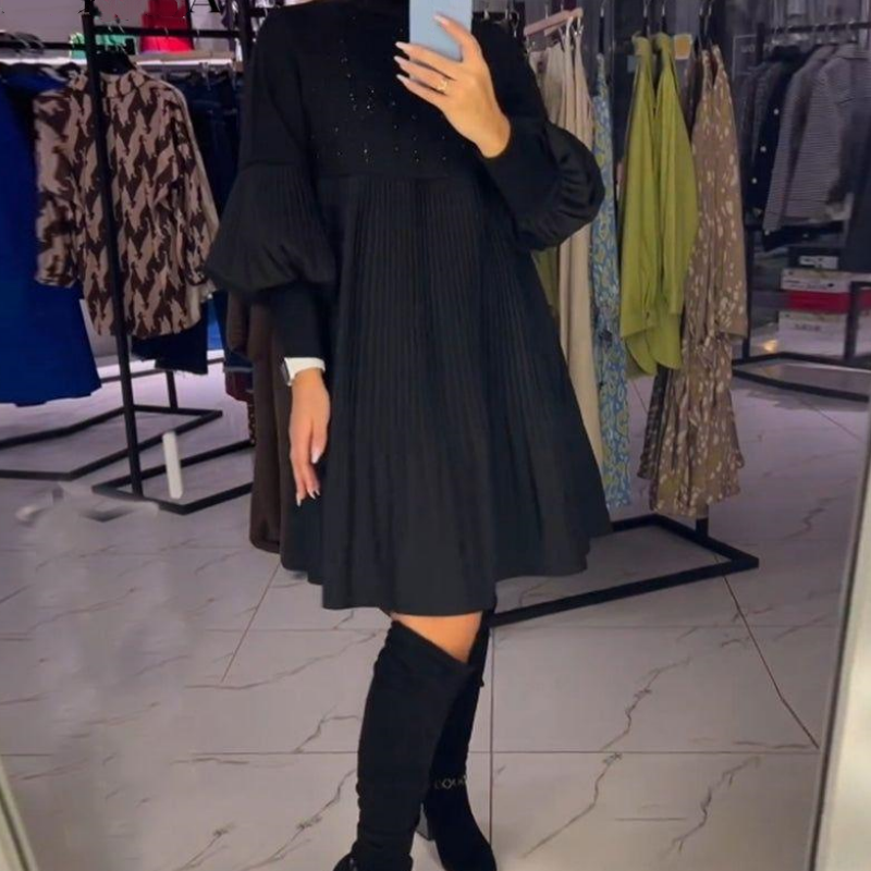 Dames Plus Size Lantaarn Mouw Opstaande Kraag Jurk