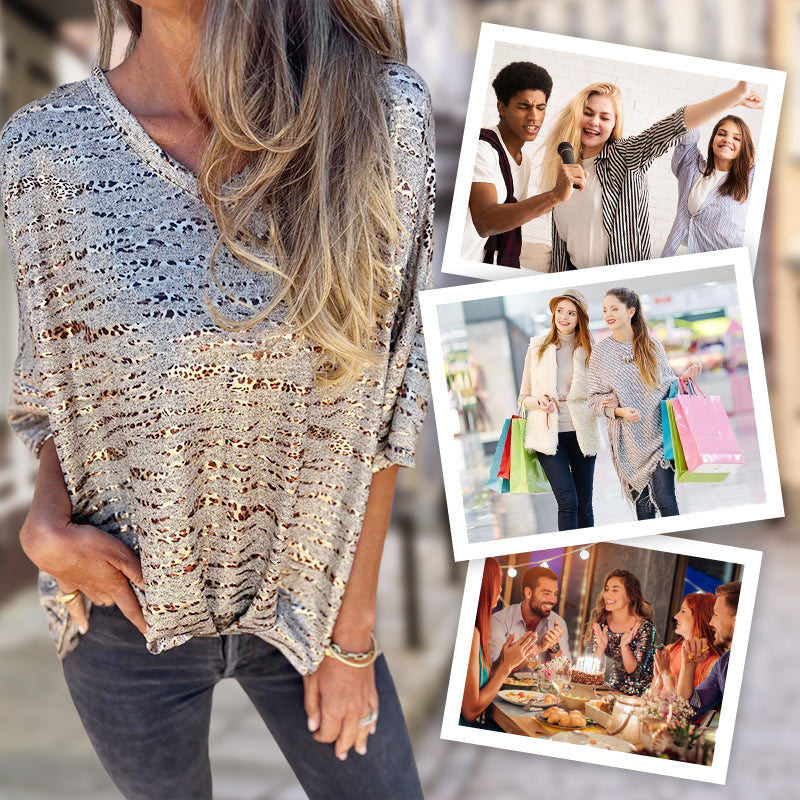 Dames T-shirt met losse V-hals, luipaardprint en halflange mouwen