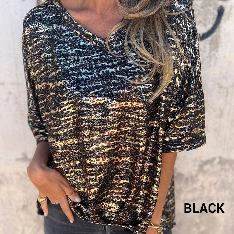 Dames T-shirt met losse V-hals, luipaardprint en halflange mouwen