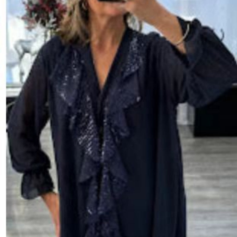 🔥Wat moet ik morgen dragen?💃Dames V-hals chiffon pailletten lange mouw shirt