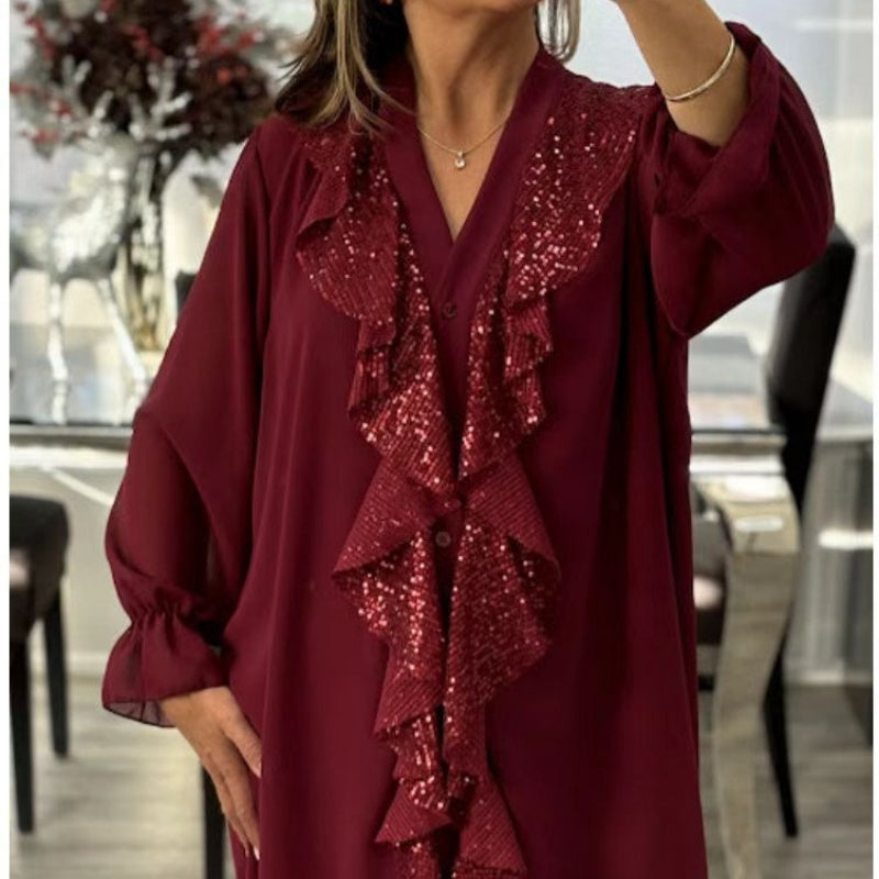 🔥Wat moet ik morgen dragen?💃Dames V-hals chiffon pailletten lange mouw shirt