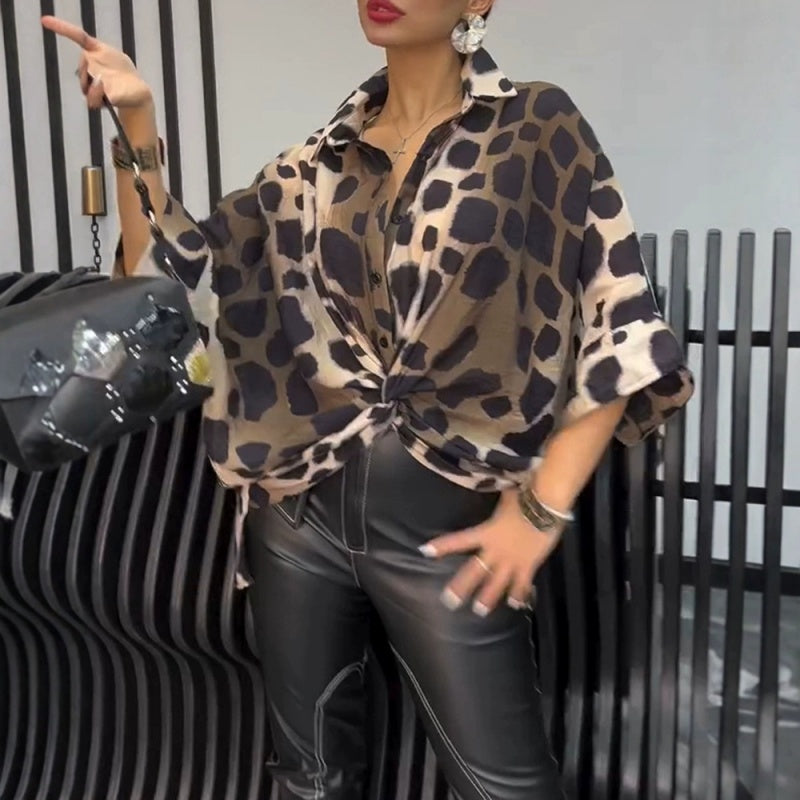 Omkering luipaarddruk losse zevenpunts mouwen shirt