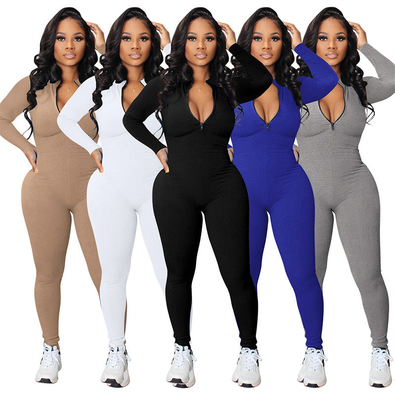 Effen kleur naadloze jumpsuit met halve rits