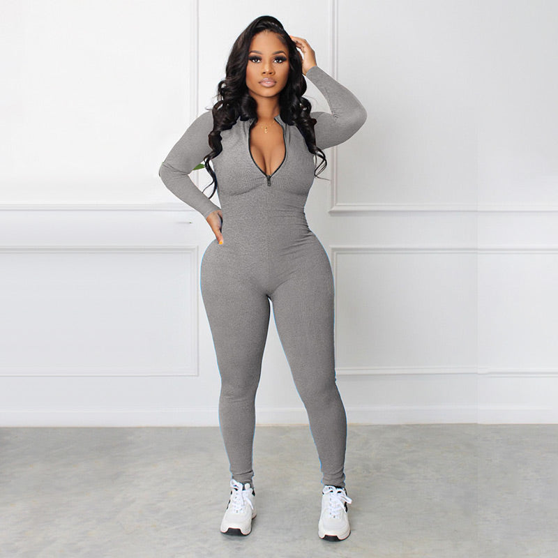 Effen kleur naadloze jumpsuit met halve rits