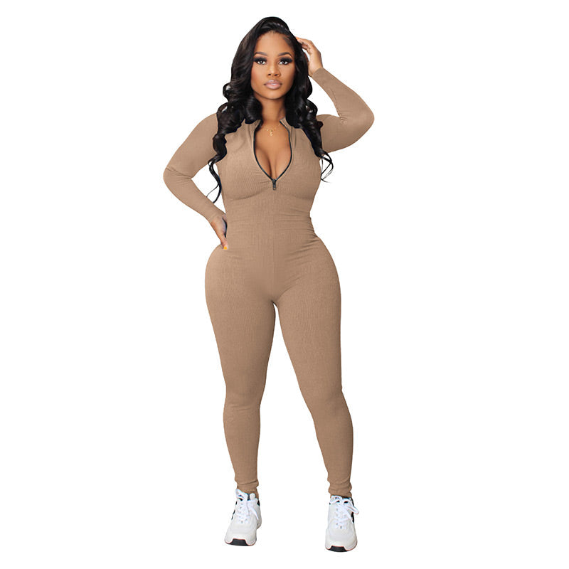 Effen kleur naadloze jumpsuit met halve rits
