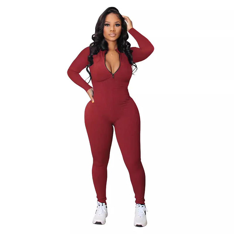 Effen kleur naadloze jumpsuit met halve rits