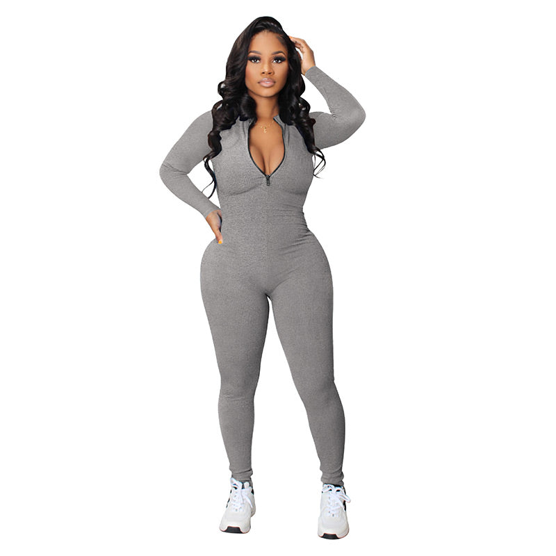 Effen kleur naadloze jumpsuit met halve rits