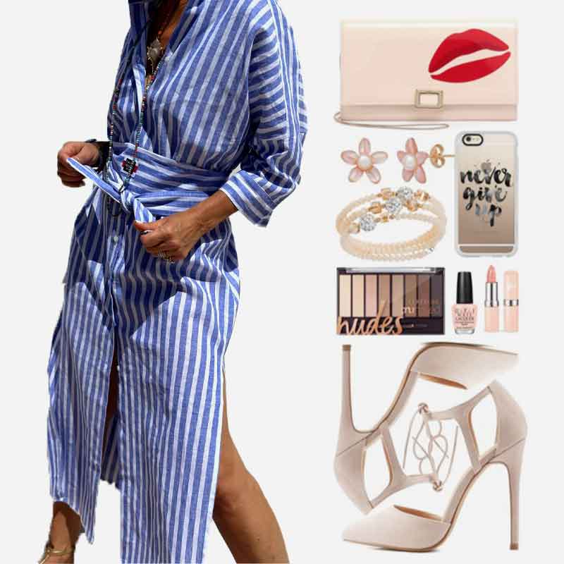 💕 Losse Gestreepte Halve Mouw Blousejurk