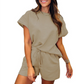 🌴Zomerspecials🌴Damesset met effen, getextureerd, casual top met korte mouwen en trekkoord