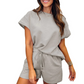 🌴Zomerspecials🌴Damesset met effen, getextureerd, casual top met korte mouwen en trekkoord
