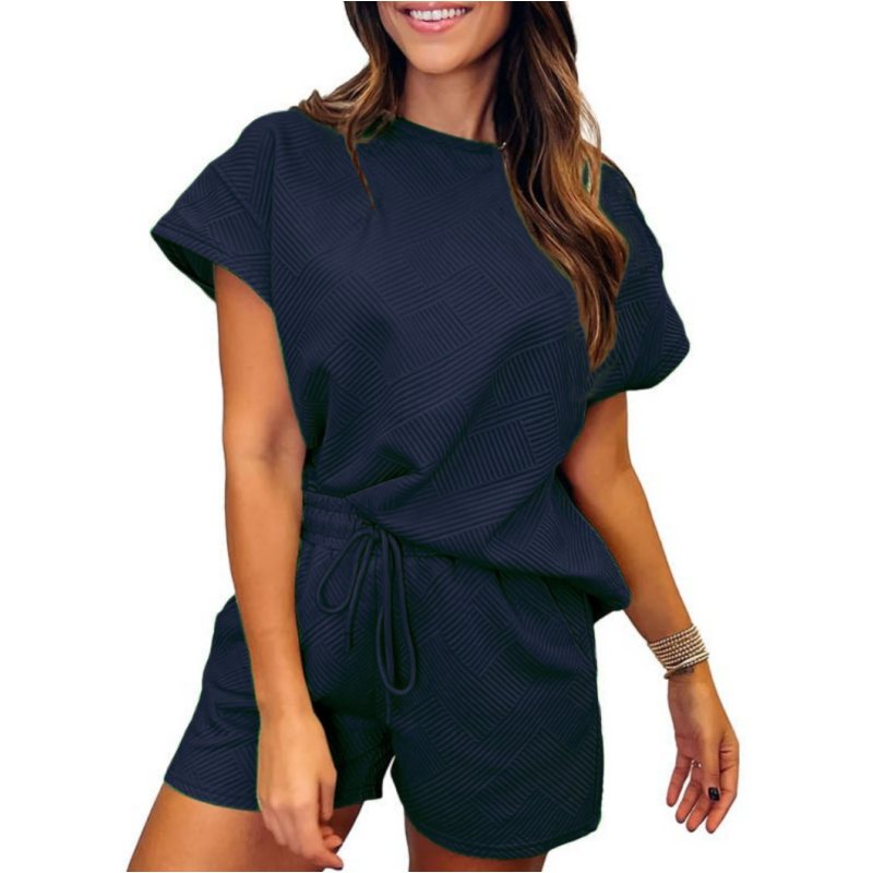 🌴Zomerspecials🌴Damesset met effen, getextureerd, casual top met korte mouwen en trekkoord