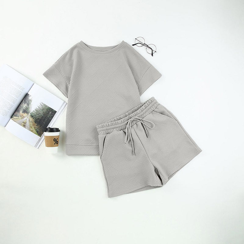 🌴Zomerspecials🌴Damesset met effen, getextureerd, casual top met korte mouwen en trekkoord