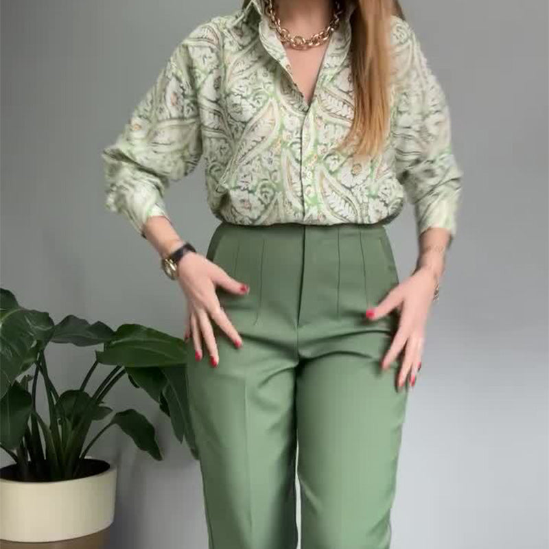 2-delige set van bedrukt shirt en broek met knopen voor dames