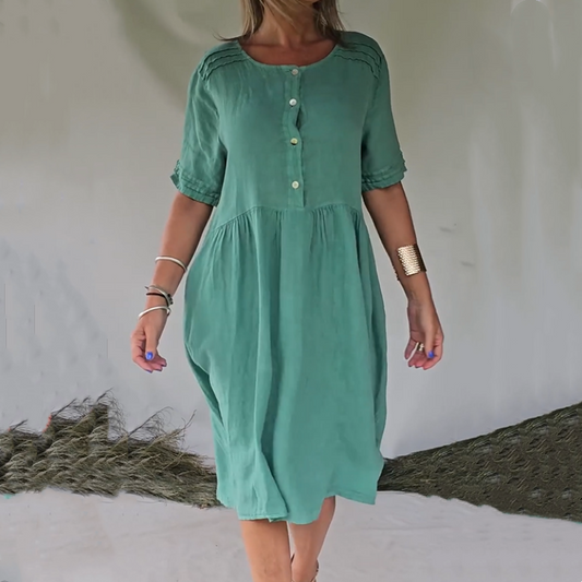 🔥Best Seller💘-Korte Mouw Katoenen Linnen Overhemdjurk met Retro Stijl