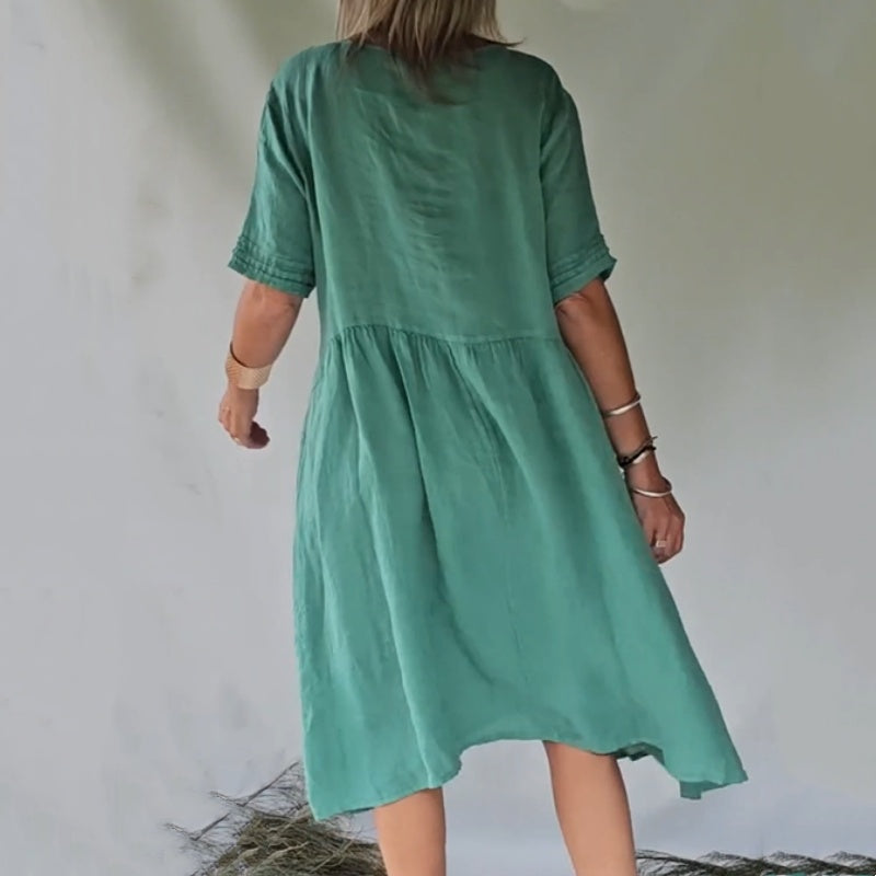 🔥Best Seller💘-Korte Mouw Katoenen Linnen Overhemdjurk met Retro Stijl