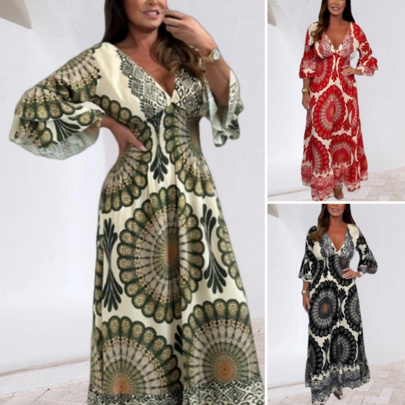 Retro Boho Maxi-jurk met diepe V-hals voor dames