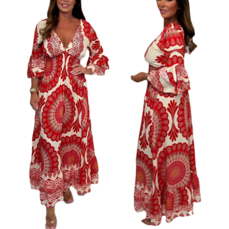 Retro Boho Maxi-jurk met diepe V-hals voor dames