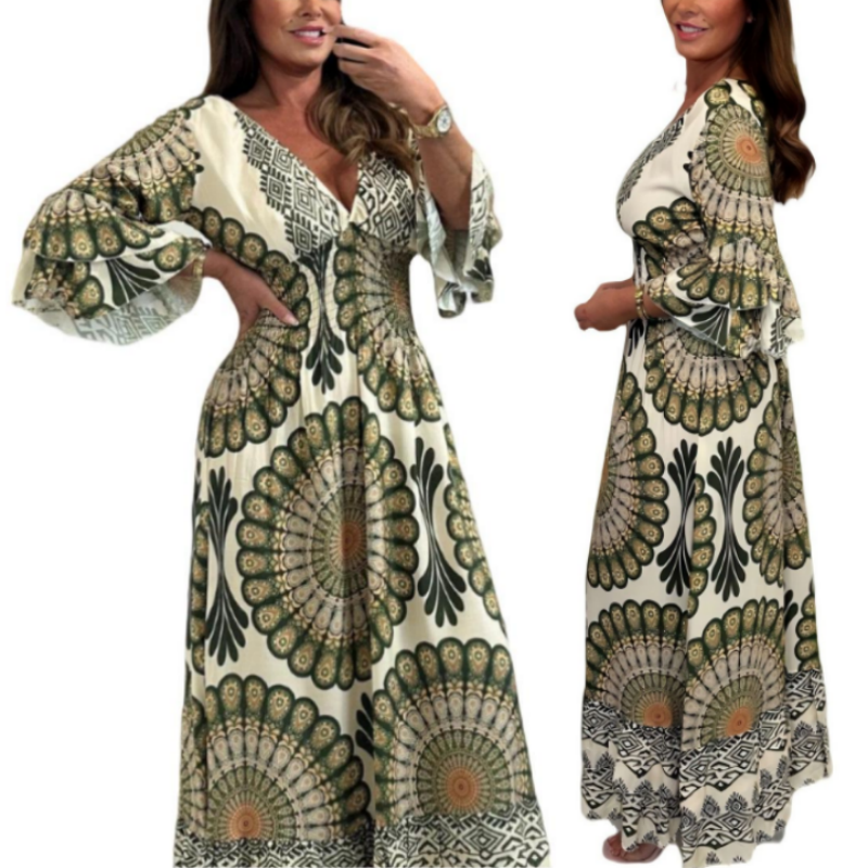 Retro Boho Maxi-jurk met diepe V-hals voor dames