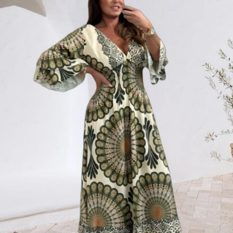 Retro Boho Maxi-jurk met diepe V-hals voor dames