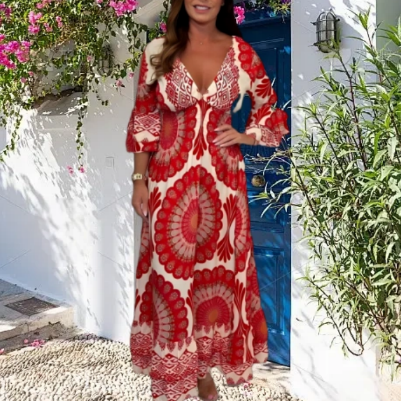 Retro Boho Maxi-jurk met diepe V-hals voor dames
