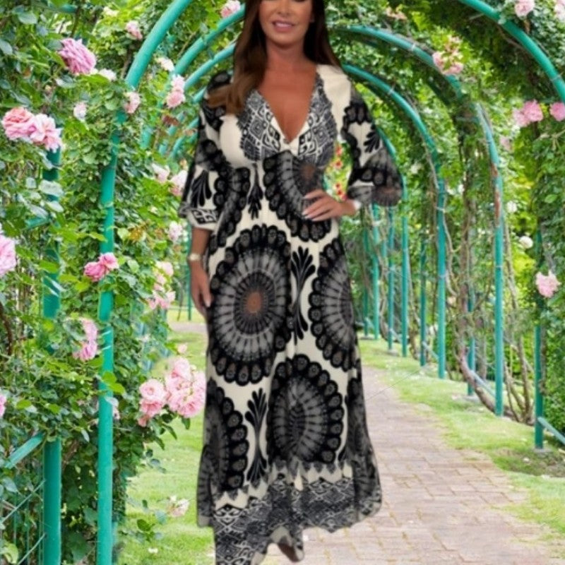 Retro Boho Maxi-jurk met diepe V-hals voor dames