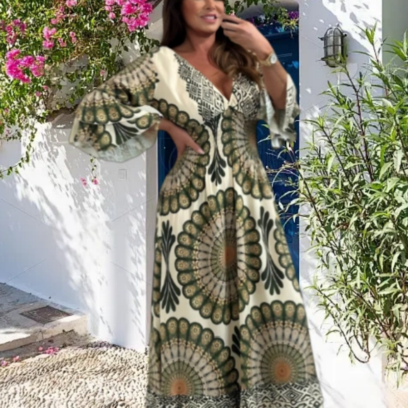 Retro Boho Maxi-jurk met diepe V-hals voor dames