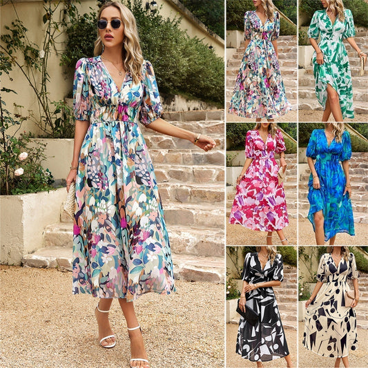 🌸Elegante taille jurk met V-hals print