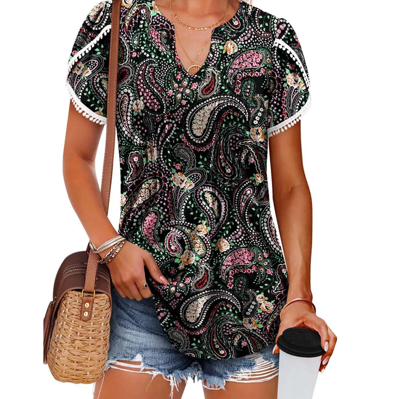 🌷Zomer Hot Sale 50% Uit🍃💖Schattige Franje Manchet Korte Mouwen Gedrukte Tops van Vrouwen