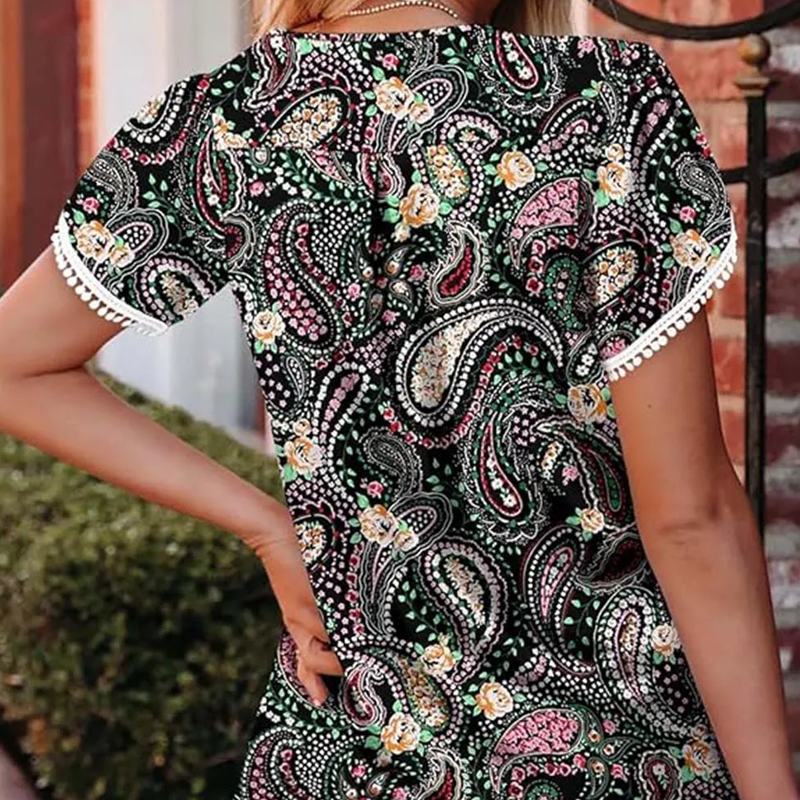 🌷Zomer Hot Sale 50% Uit🍃💖Schattige Franje Manchet Korte Mouwen Gedrukte Tops van Vrouwen