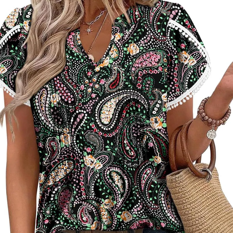 🌷Zomer Hot Sale 50% Uit🍃💖Schattige Franje Manchet Korte Mouwen Gedrukte Tops van Vrouwen