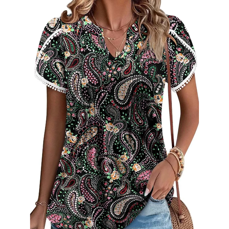 🌷Zomer Hot Sale 50% Uit🍃💖Schattige Franje Manchet Korte Mouwen Gedrukte Tops van Vrouwen