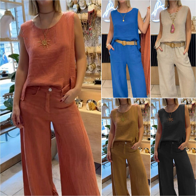 Effen mouwloze top en broek met wijde pijpen, 2-pak set