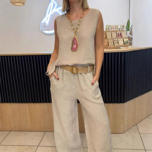 Effen mouwloze top en broek met wijde pijpen, 2-pak set