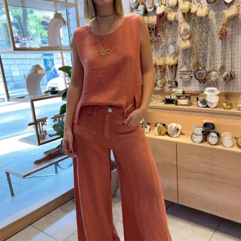 Effen mouwloze top en broek met wijde pijpen, 2-pak set