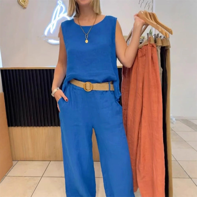 Effen mouwloze top en broek met wijde pijpen, 2-pak set
