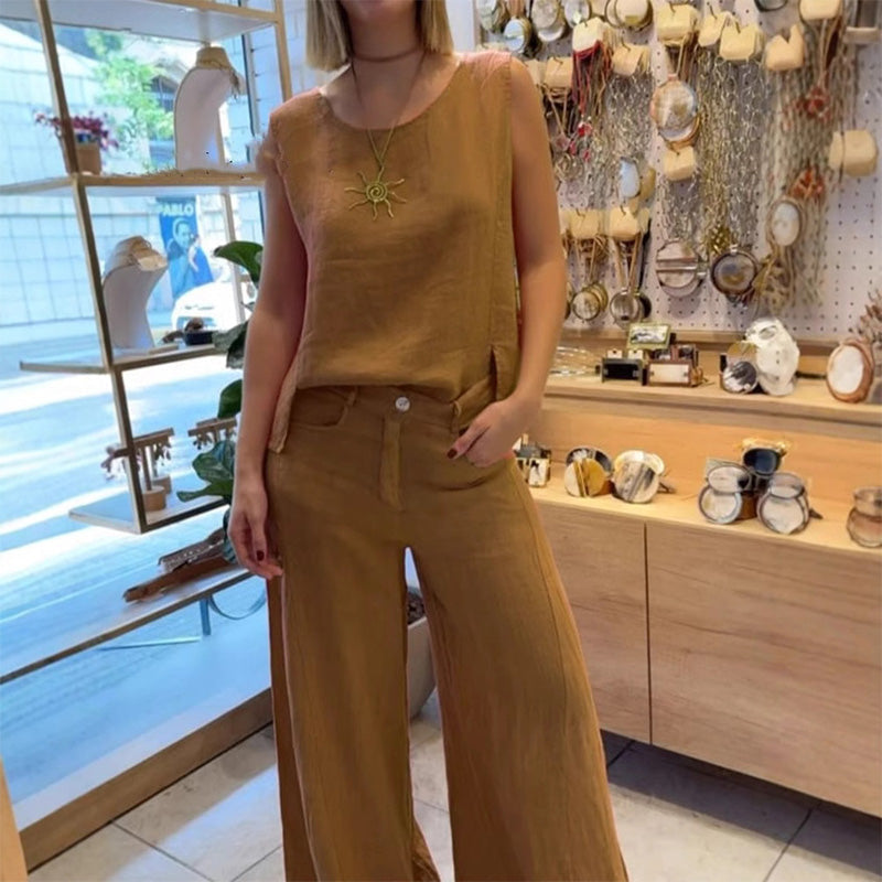 Effen mouwloze top en broek met wijde pijpen, 2-pak set